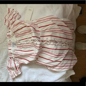 NWT Tobi Red and White lace off the shoulder Dress